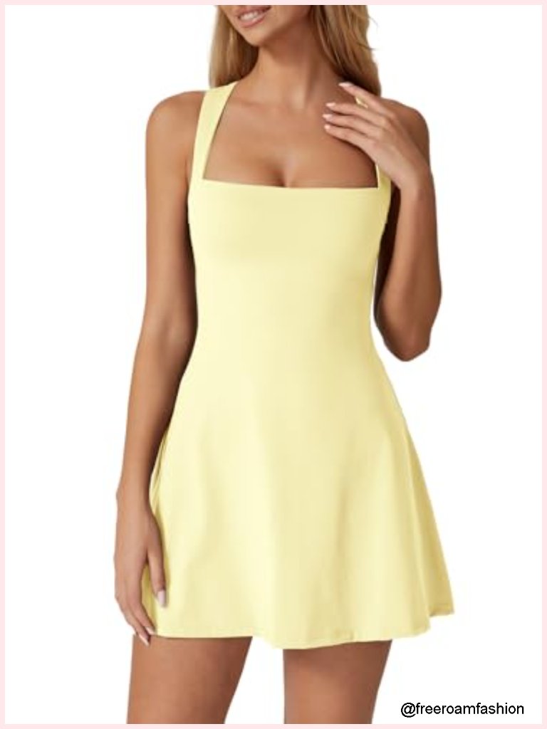 Square Neck Tennis Dress Sleeveless Built-In Shorts Athletic Dress With Pockets